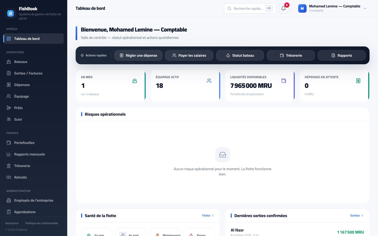 Le tableau de bord web de FishBook